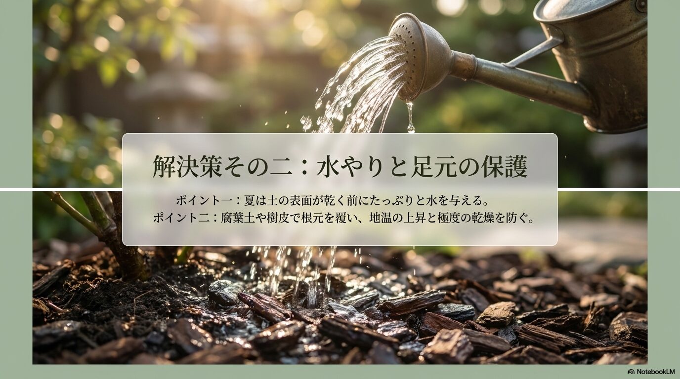 土の表面が乾く前の水やりと、腐葉土での根元保護（マルチング）の重要性をまとめたスライド。