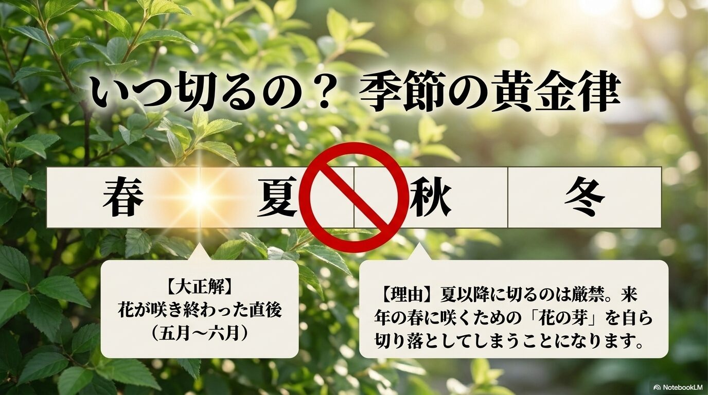 花が咲き終わった直後の5〜6月が剪定の適期であり、夏以降は翌年の花芽を落とすため厳禁であることを示す解説図