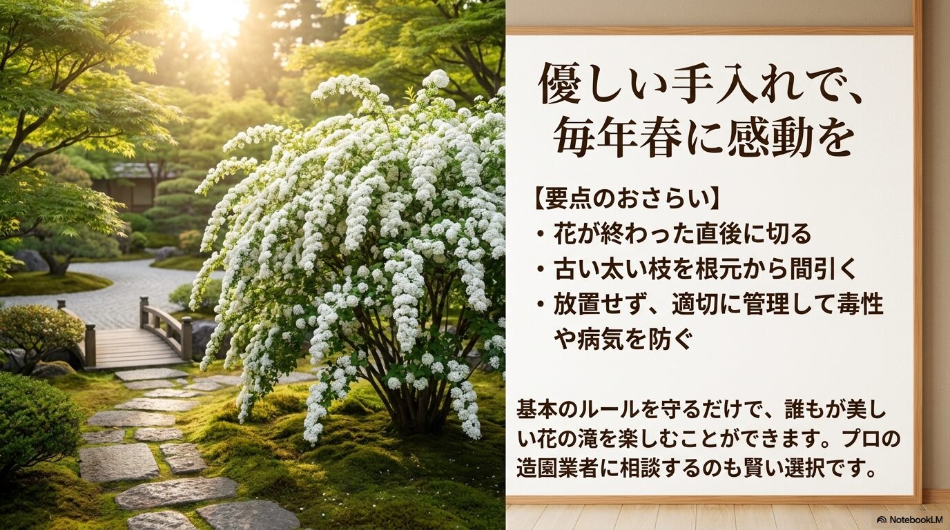 花後すぐに切る、古い太枝を間引く、適切に管理してトラブルを防ぐといったコデマリケアの重要ポイントまとめ
