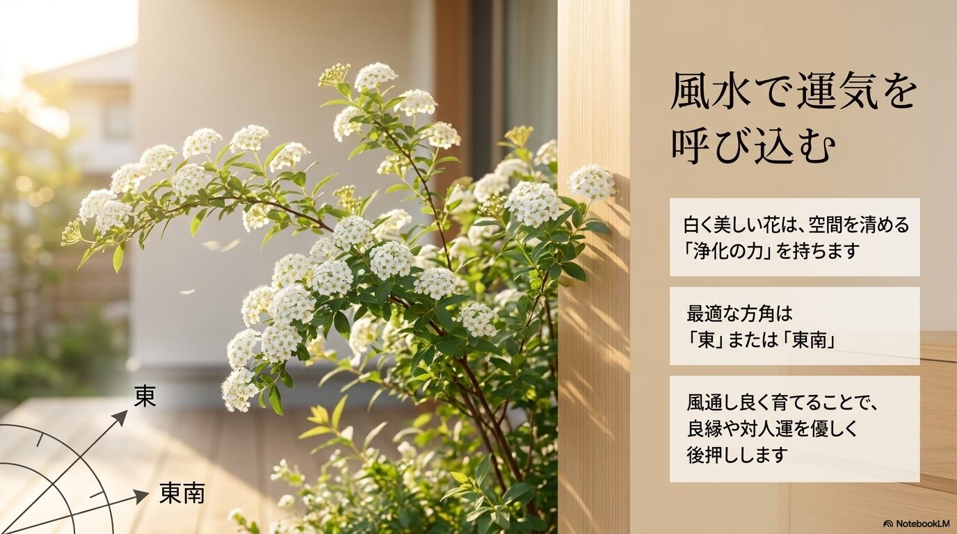 風水で空間を清める浄化の力を持ち、良縁や対人運を後押しする東および東南の方角に植えられたコデマリのイメージ