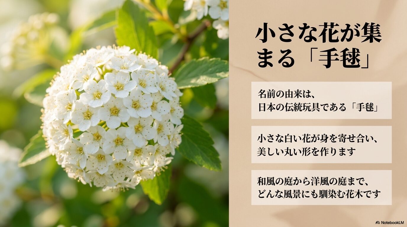 日本の伝統玩具である手毬のように、小さな白い花が身を寄せ合って美しい丸い形を作るコデマリの花
