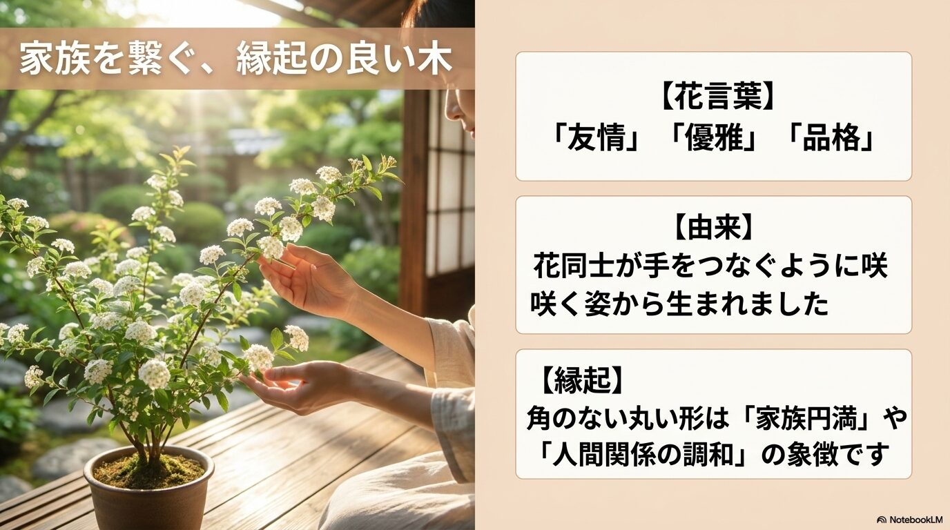 友情・優雅・品格の花言葉を持ち、角のない丸い形から家族円満や人間関係の調和を象徴する縁起の良いコデマリ