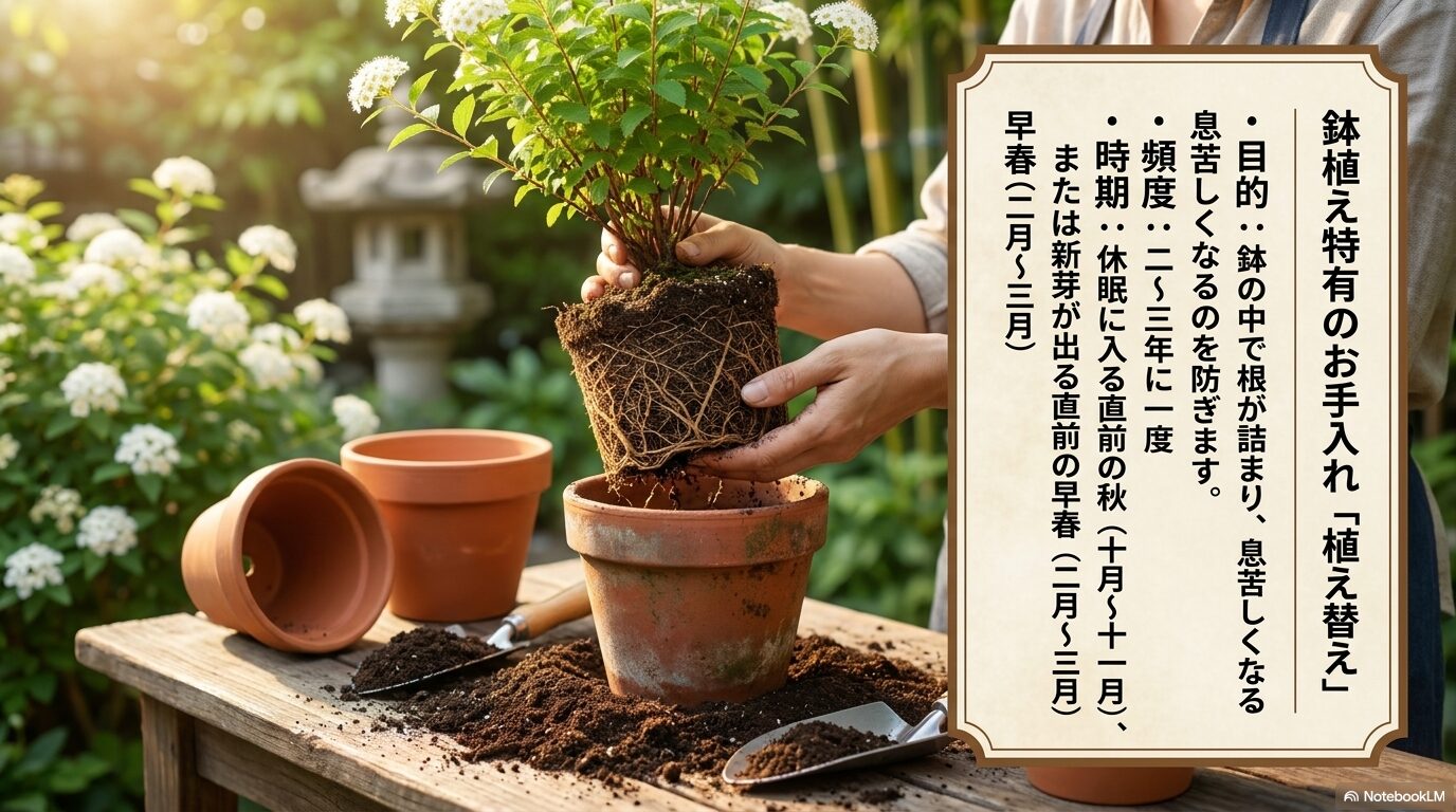 根詰まりを防ぐために2〜3年に一度、秋（10〜11月）または早春（2〜3月）に行うコデマリの植え替えスケジュール