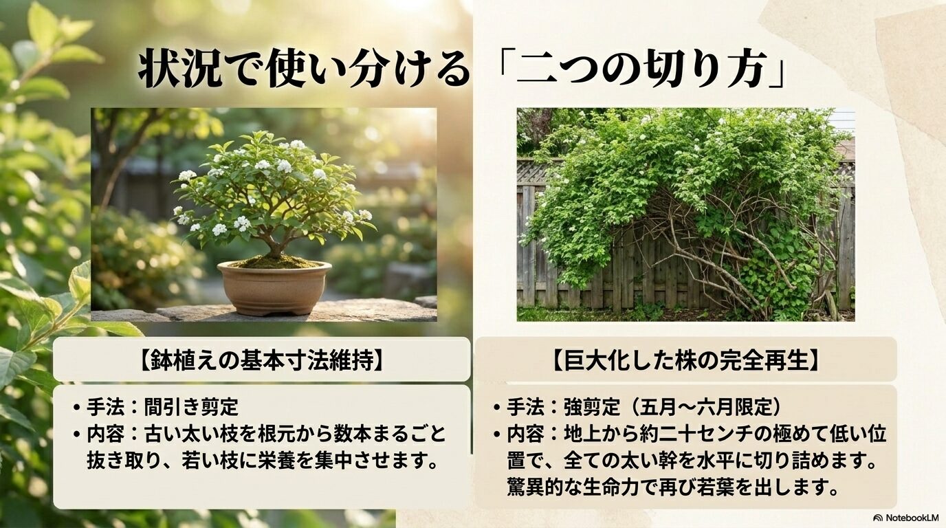 鉢植えのサイズ維持のための間引き剪定と、巨大化した株を再生させるための地上20cmでの強剪定リセット法