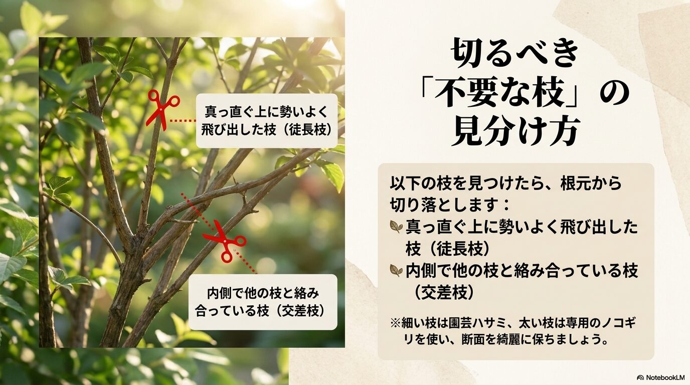 真っ直ぐ上に勢いよく飛び出した徒長枝や、内側で他の枝と絡み合っている交差枝を根元から切り落とす解説