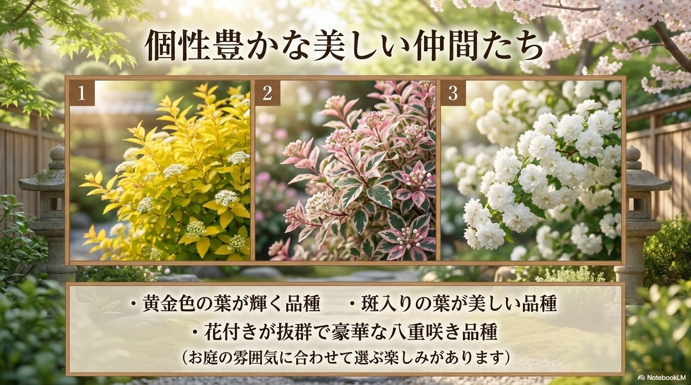 黄金色の葉や斑入りの葉、豪華な八重咲きなど、お庭の雰囲気に合わせて選べるコデマリの品種紹介