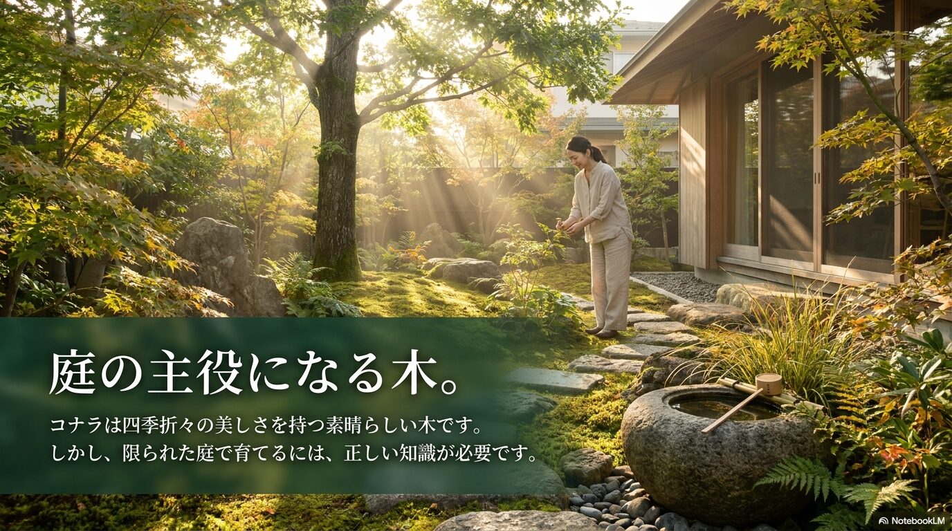 コナラは四季折々の美しさを持つ素晴らしい木であるが、住宅地での育成には知識が必要であることを示すスライド
