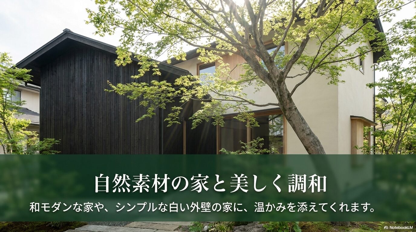 和モダンやシンプルな白い外壁の家に温かみを添えるコナラの調和について解説する画像