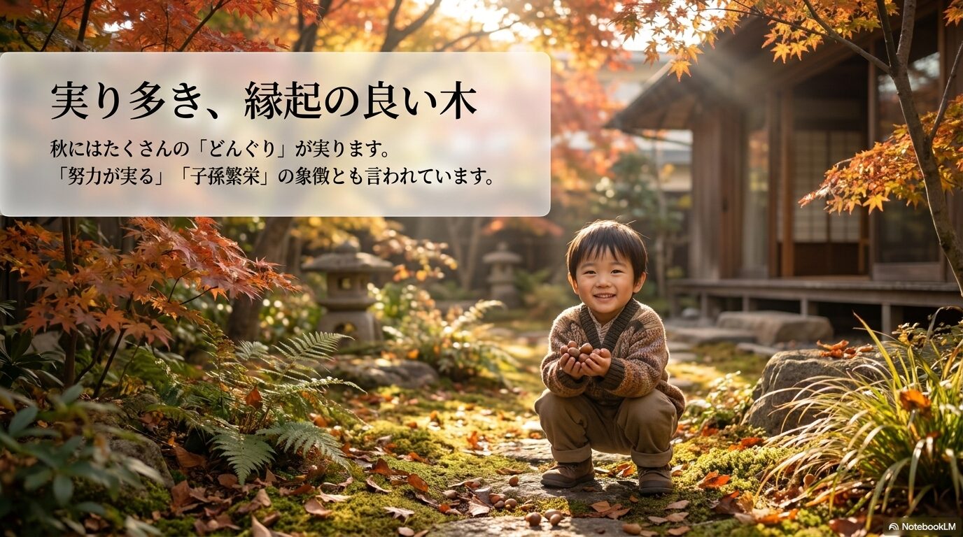 秋のどんぐりが「努力が実る」「子孫繁栄」の象徴として縁起が良いことを紹介するスライド