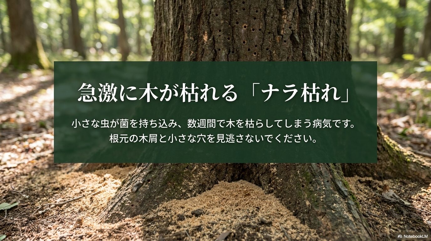 害虫が菌を持ち込み数週間で木を枯らすナラ枯れのサイン（木屑や穴）を解説するスライド