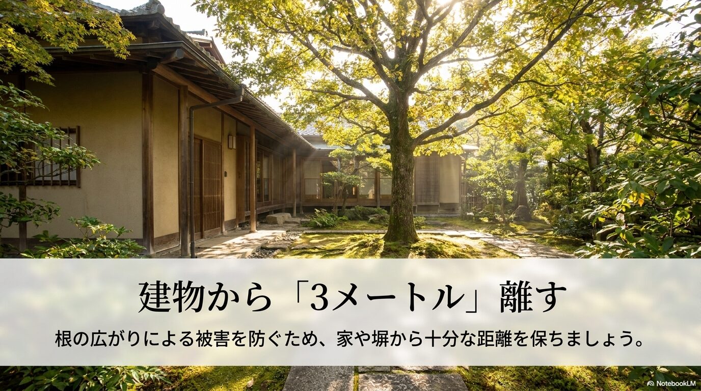 根の被害を防ぐために建物や塀から3メートル以上の距離を保つべきガイドラインを示す画像
