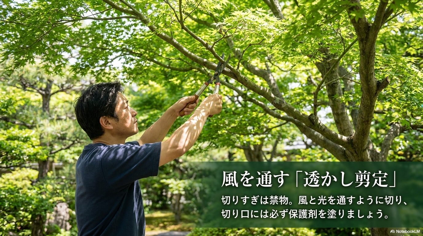 風と光を通すように枝を切り、切り口に保護剤を塗る適切な剪定方法を解説するスライド