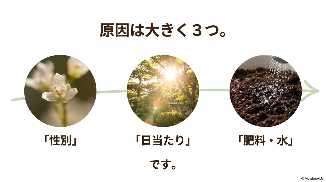 クロガネモチの実がならない主な原因は性別、日当たり、肥料・水であることを示すスライド