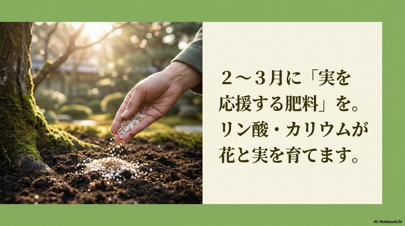 2〜3月にリン酸やカリウムを含む肥料を与えることで、花と実の成長をサポートすることを解説するスライド
