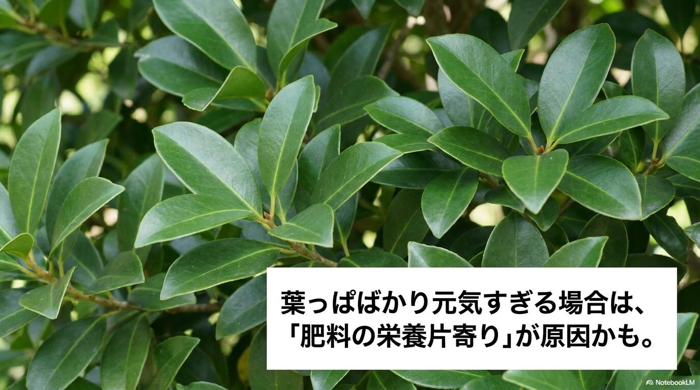 葉っぱばかりが元気すぎて実がならない場合、肥料の栄養バランスが偏っている可能性があることを示すスライド