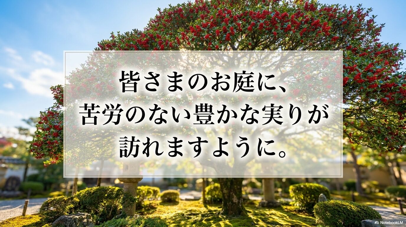 「皆さまのお庭に、苦労のない豊かな実りが訪れますように」という結びの言葉のスライド