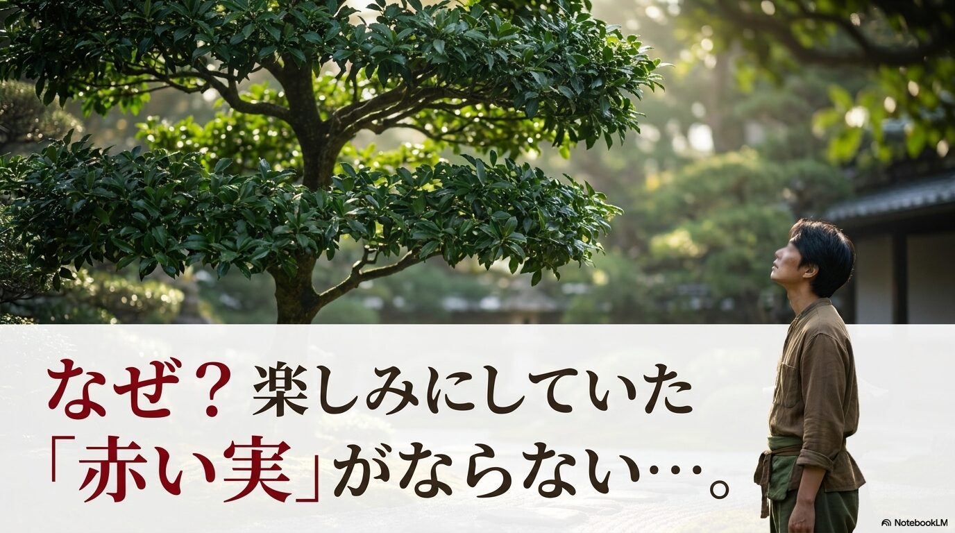 楽しみにしていた赤い実がならない理由を問いかける導入スライド