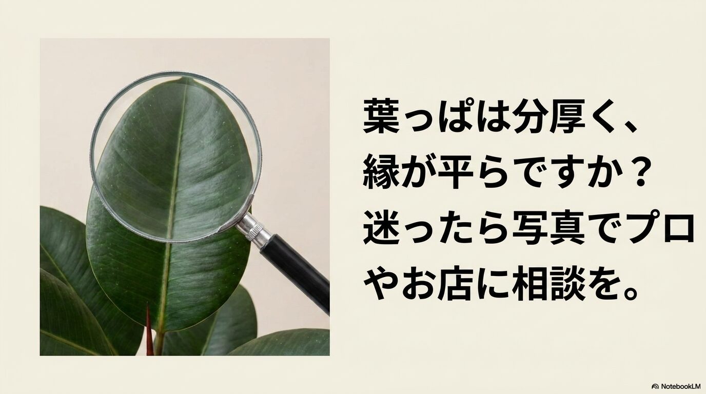 葉が分厚く縁が平らなクロガネモチの特徴を確認し、迷った際はプロに相談することを勧めるスライド