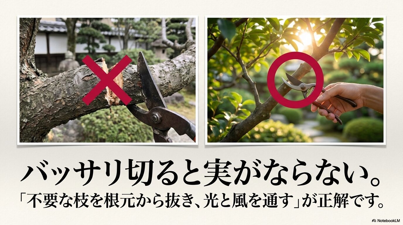 強剪定のNGマークと、不要な枝を抜き光を通す正しい剪定方法を比較したスライド