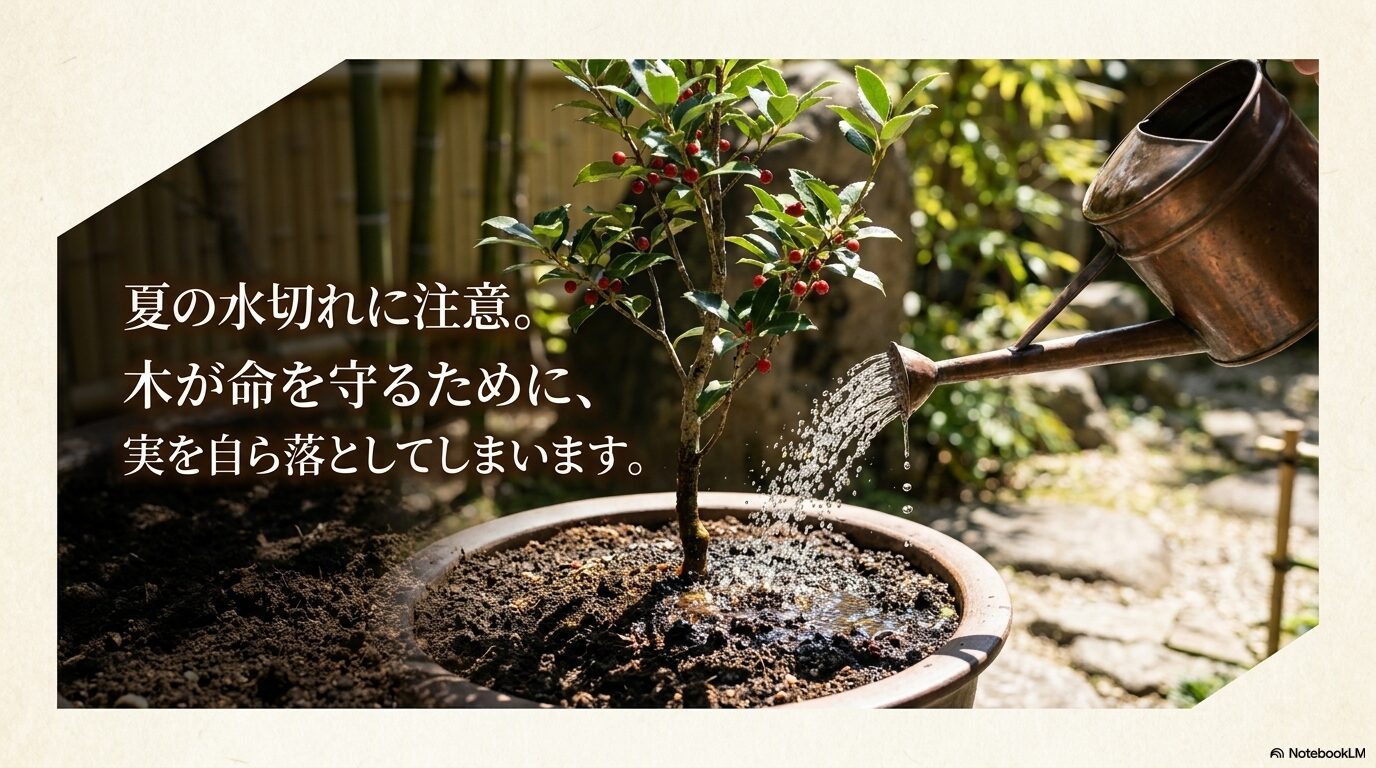 夏の水切れに注意が必要で、木が命を守るために実を自ら落としてしまうことを説明するスライド