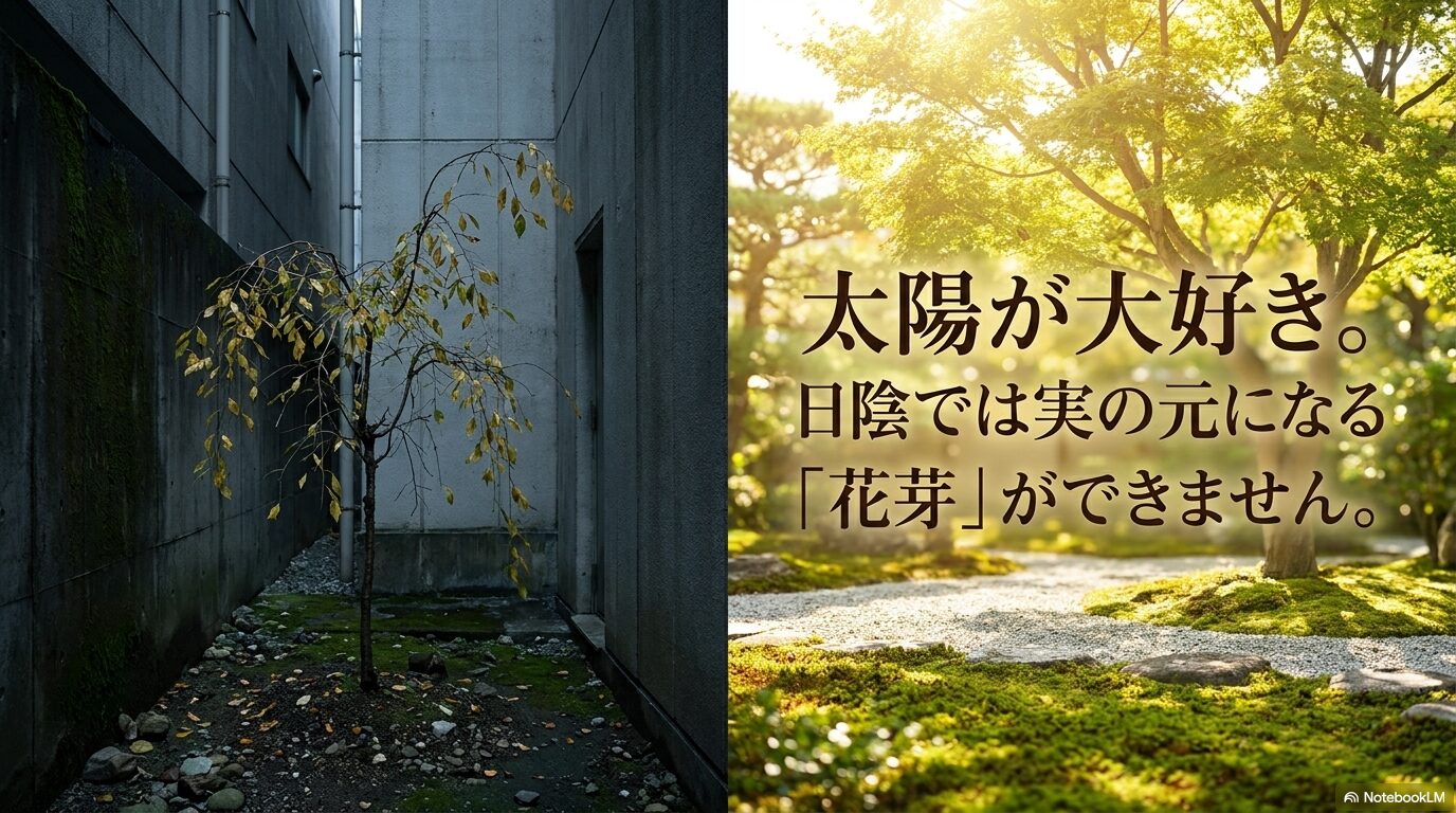 クロガネモチは日光を好み、日陰では実の元になる花芽ができないことを説明するスライド