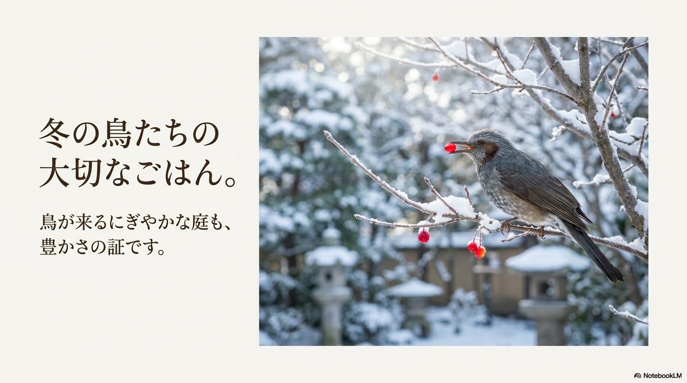 クロガネモチの実を食べる鳥の画像と、鳥が来る庭の豊かさを表現したスライド