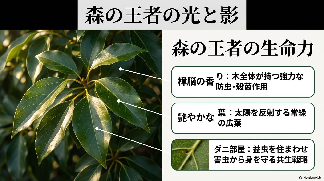 クスノキの葉の拡大イラスト。樟脳の防虫効果、太陽を反射する常緑の広葉、害虫から身を守るダニ部屋（ドマティア）の解説。