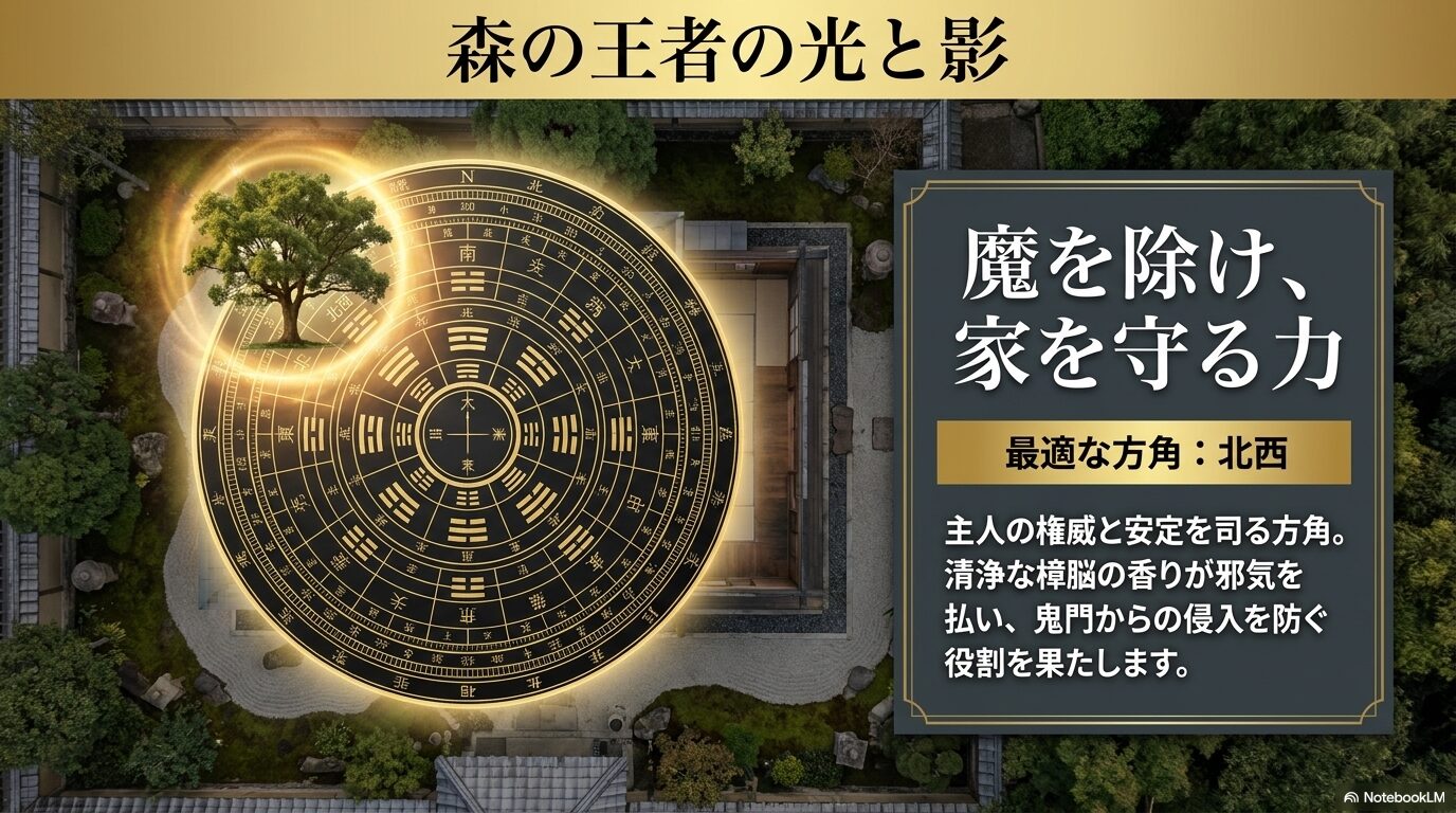 風水の八方位図。クスノキを北西に配置することで主人の権威と安定を司り、樟脳の香りで魔除けの効果があることを示す図解。