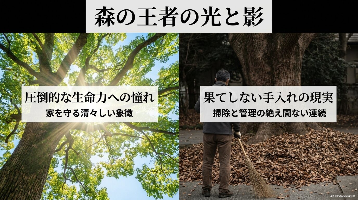 クスノキの庭での暮らしをテーマにしたタイトルスライド。「森の王者の光と影」というキャッチコピー。