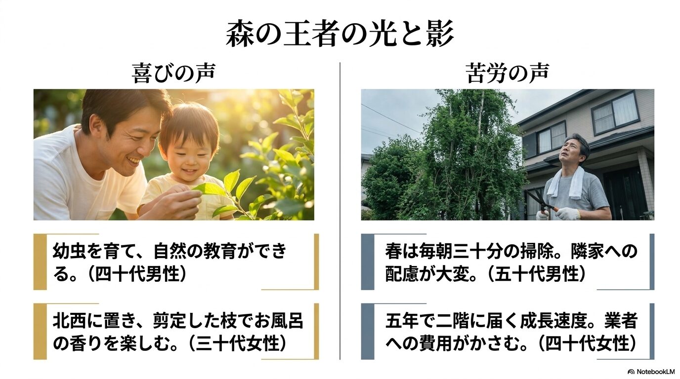 父親と子供がクスノキを観察する様子。アオスジアゲハの幼虫を通じた自然教育や、剪定枝の香りの楽しみ方の紹介。