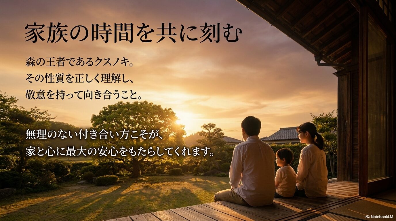 木を正しく理解し、敬意を持って向き合うことの大切さを説くエンディングスライド。家と心に安心をもたらす結びの言葉。