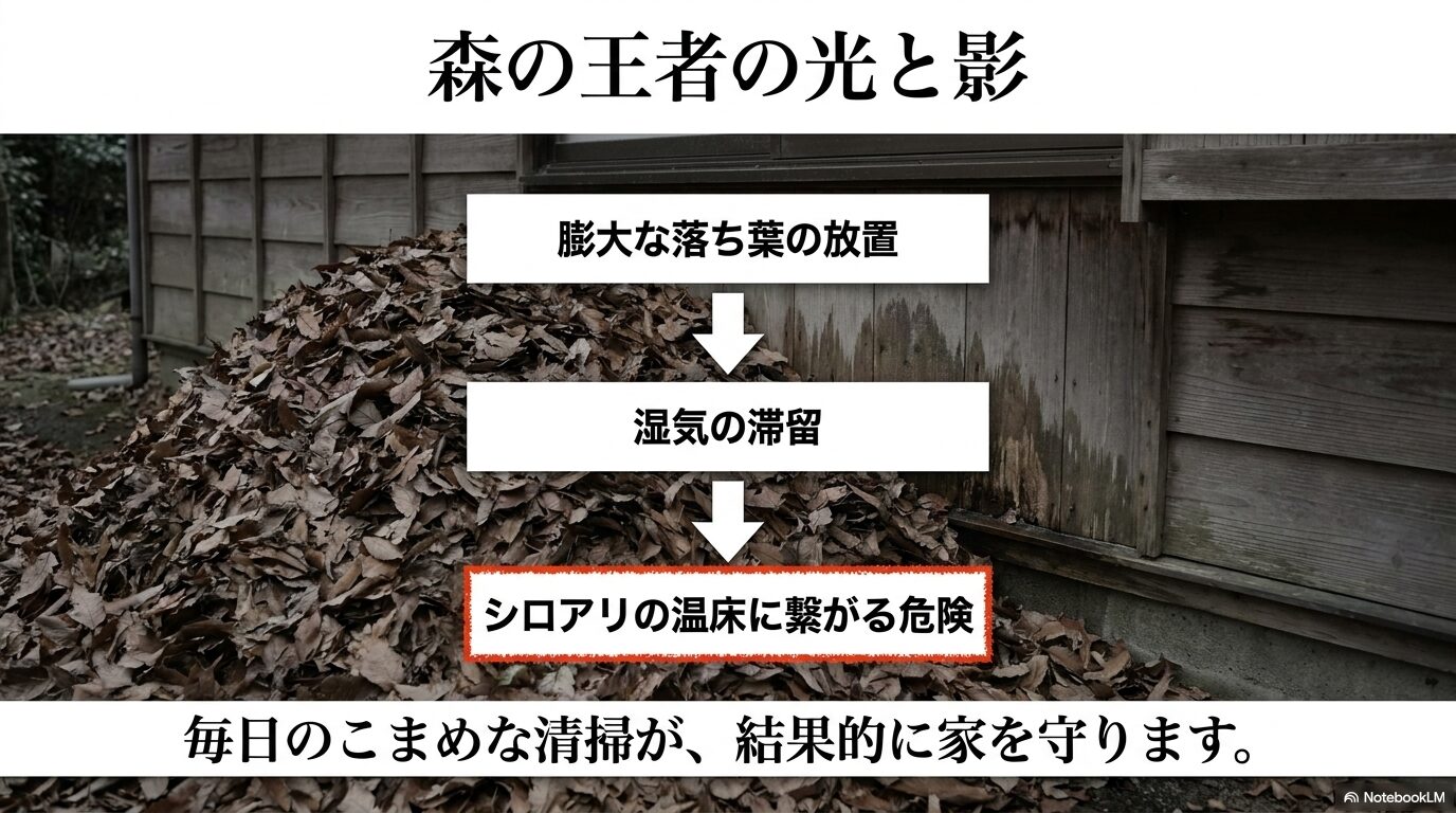 庭に山積みになったクスノキの落ち葉。湿気が溜まりシロアリの温床になる危険性と、毎日の清掃の重要性を説くスライド。