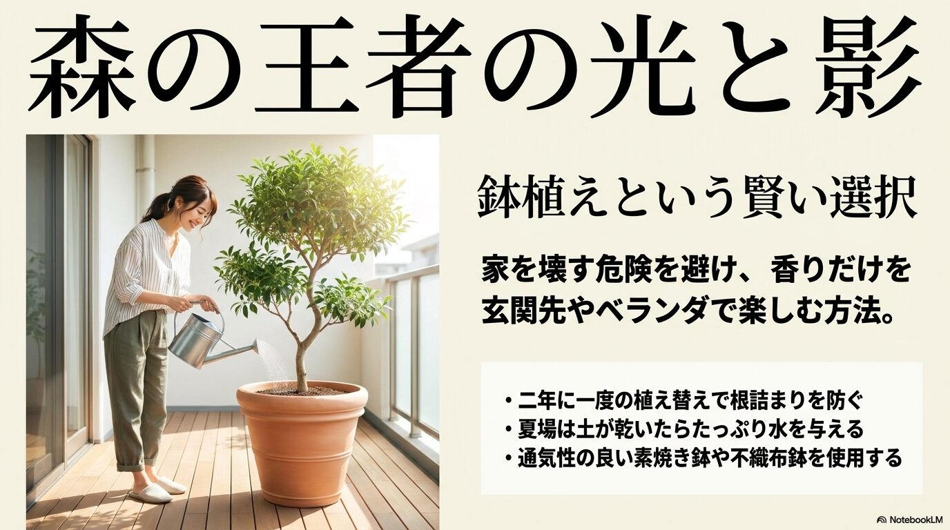 ベランダなどで鉢植えとしてクスノキを育てる様子。2年ごとの植え替えや水やりのポイントなど、家を壊さず香りを楽しむ方法の解説。