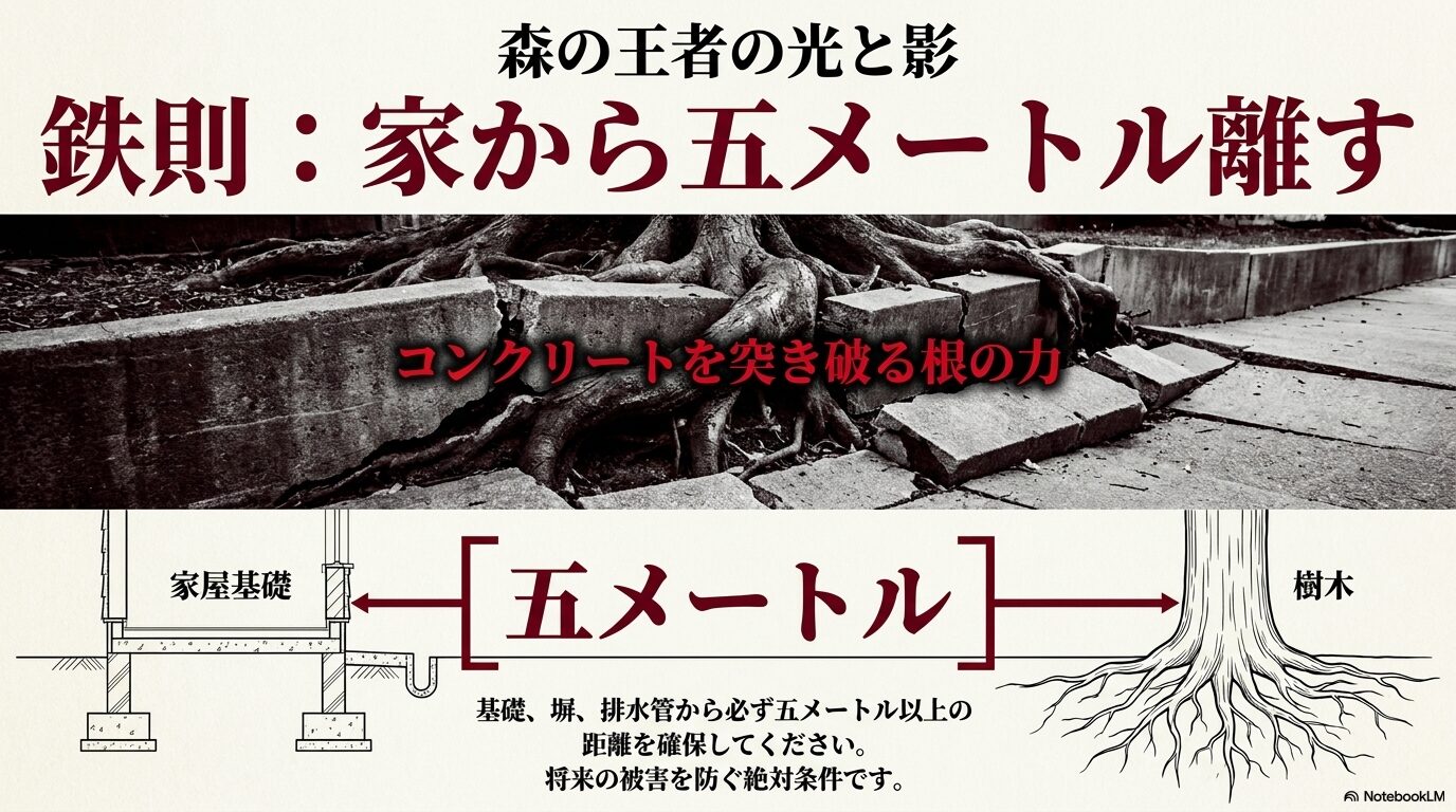 住宅の基礎からクスノキを5メートル以上離して植えるべき理由を示す図。コンクリートを突き破る根の力を防ぐための必須条件。