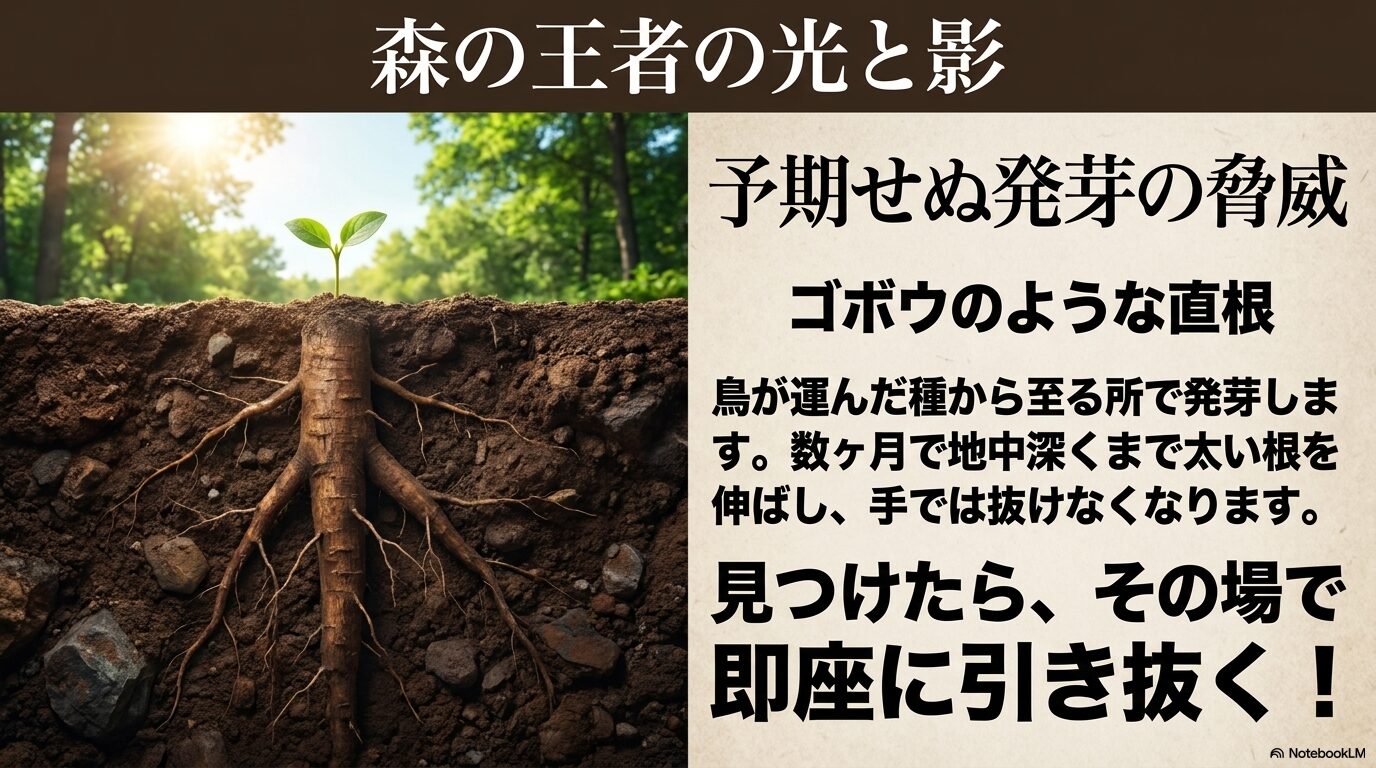 地中で太く長く伸びるクスノキの直根のイラスト。鳥が運んだ種から発芽し、数ヶ月で手では抜けなくなるため即時引き抜きを推奨する内容。