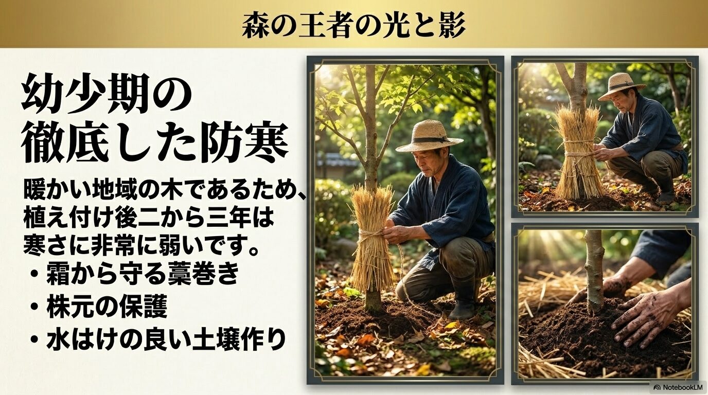 寒さに弱い幼少期のクスノキ（植え付け2〜3年）に対し、幹への藁巻きや株元の保護を行う様子を描いた画像。