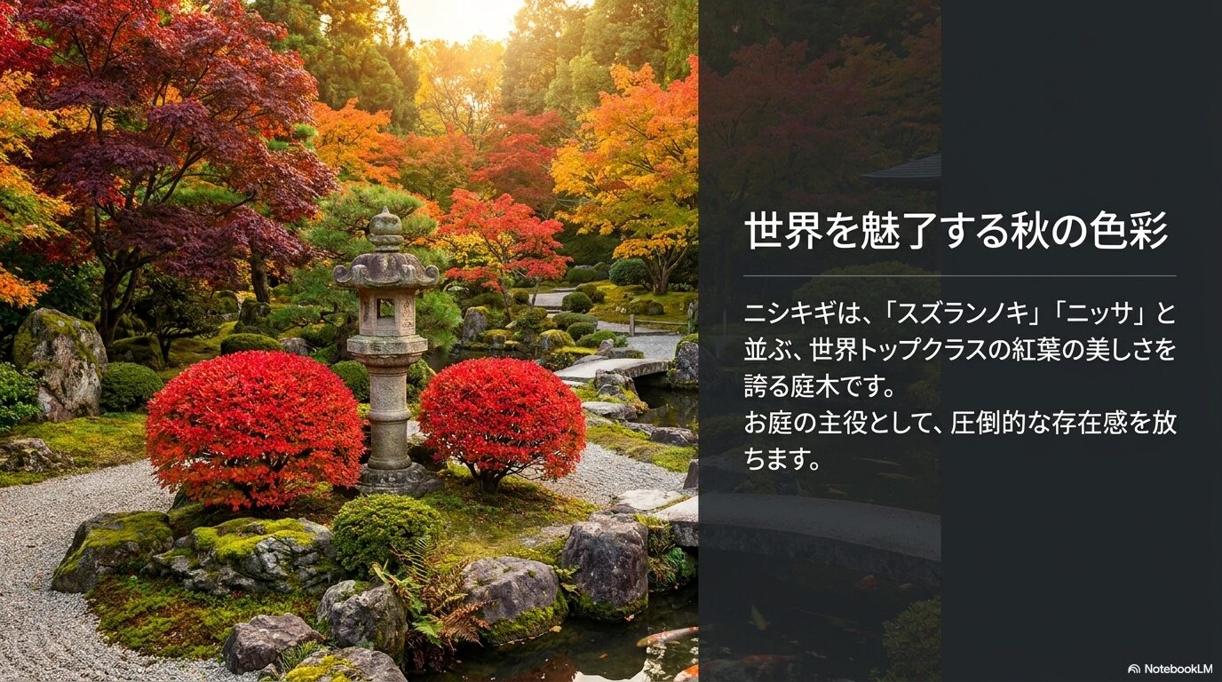 日本庭園で周囲の緑と対照的に美しく真紅に紅葉しているニシキギの風景