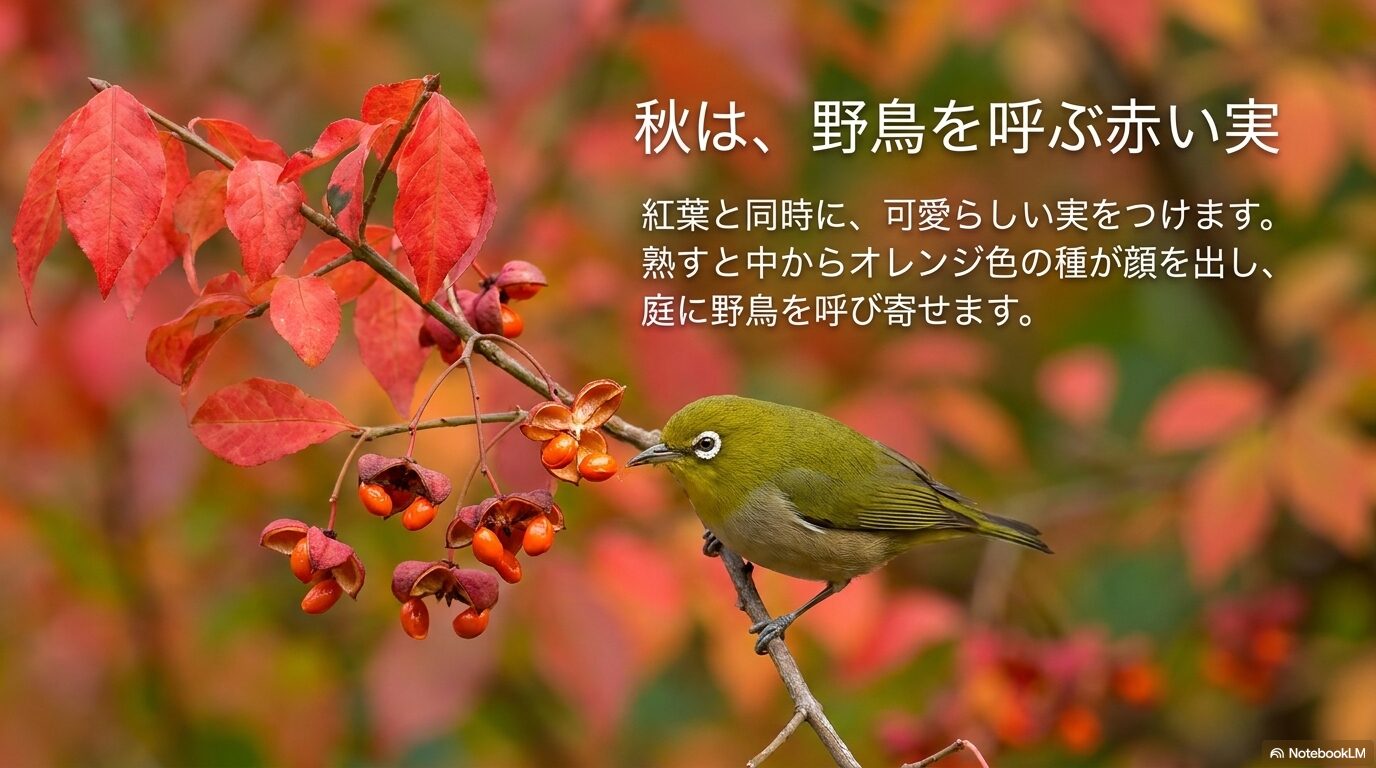 ニシキギが秋に紅葉と同時につける赤い実と、中から顔を出したオレンジ色の種に関する解説スライド