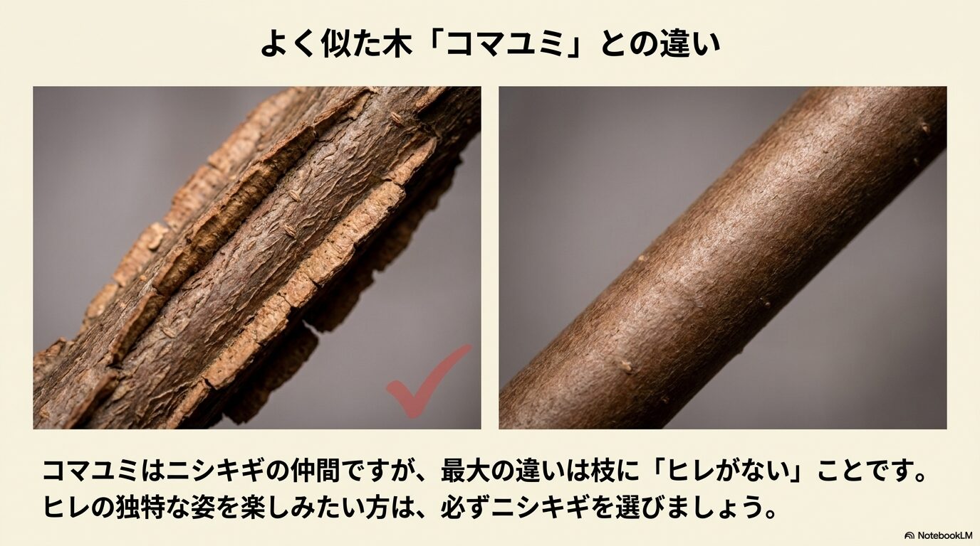 類似種であるコマユミとの決定的な見分け方となる、ニシキギの若い枝に縦に発達した板状のコルク質の翼のクローズアップ
