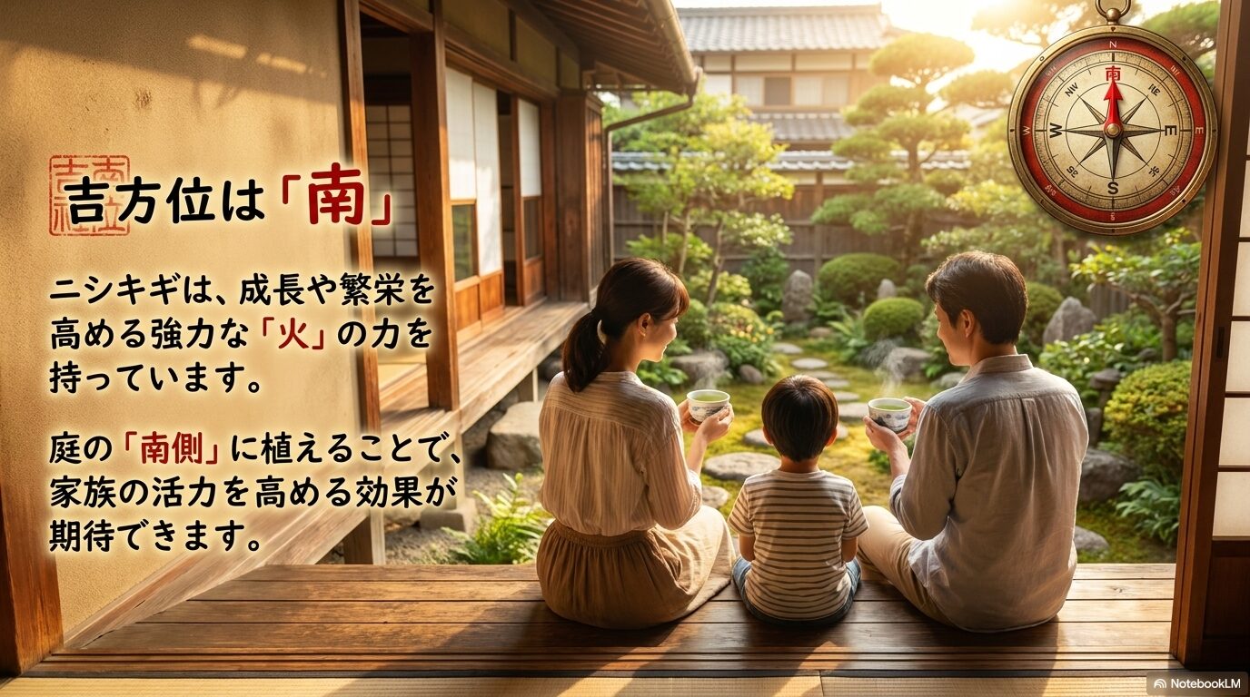 ニシキギが持つ火のエレメントを活かす風水上の吉方位が「南」であることを示す方位図