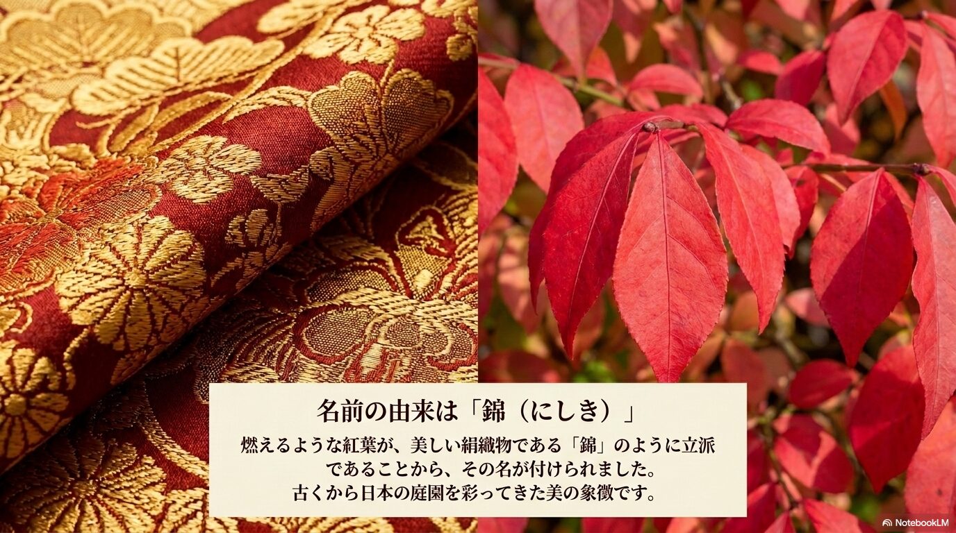ニシキギの名前の由来が、燃えるような紅葉が美しい絹織物である錦のように立派であることから付けられたことを解説するスライド