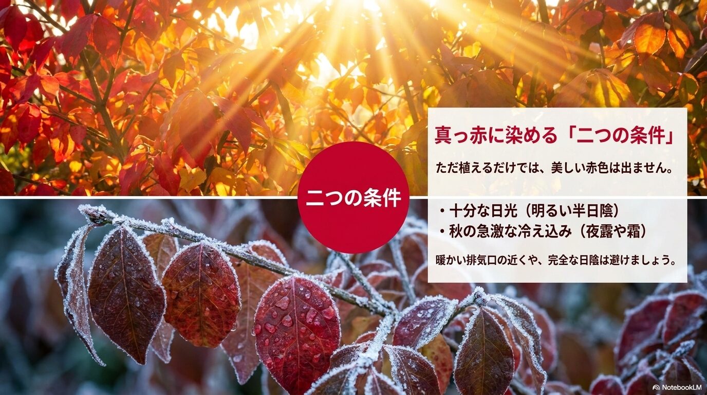 ニシキギの美しい紅葉を引き出すために必要な十分な日光と秋の急激な冷え込みという2つの条件をまとめたスライド