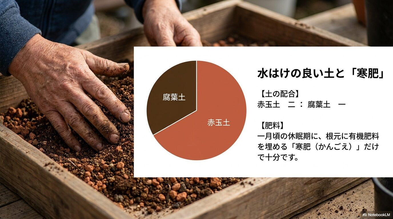 ニシキギの栽培に適した赤玉土と腐葉土の配合比率と、1月頃に与える寒肥について解説したスライド