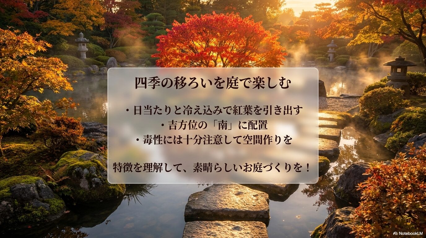 紅葉の条件や吉方位、毒性への注意など、ニシキギを庭で楽しむための要点をまとめた総括スライド