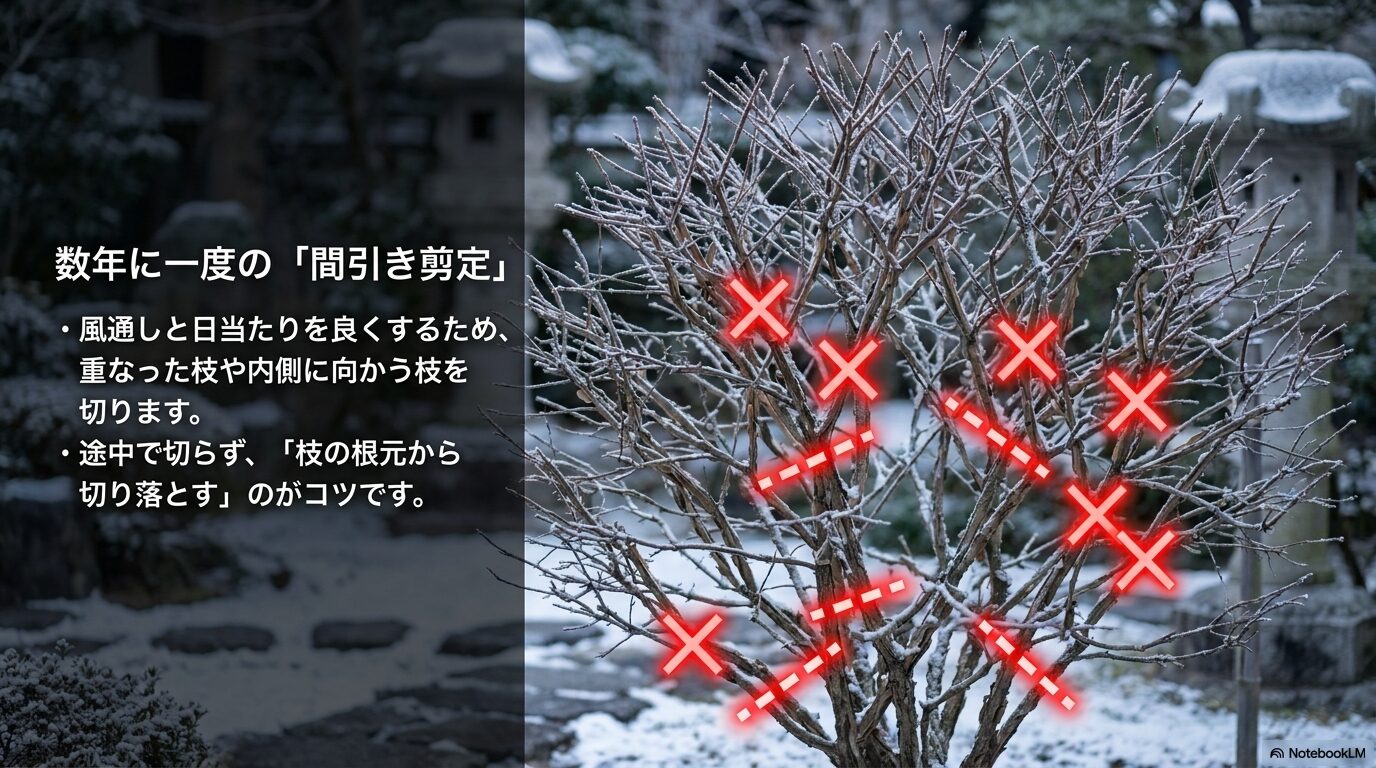 途中で切らずに枝の根元から切り落とすというニシキギの間引き剪定のコツを解説したスライド