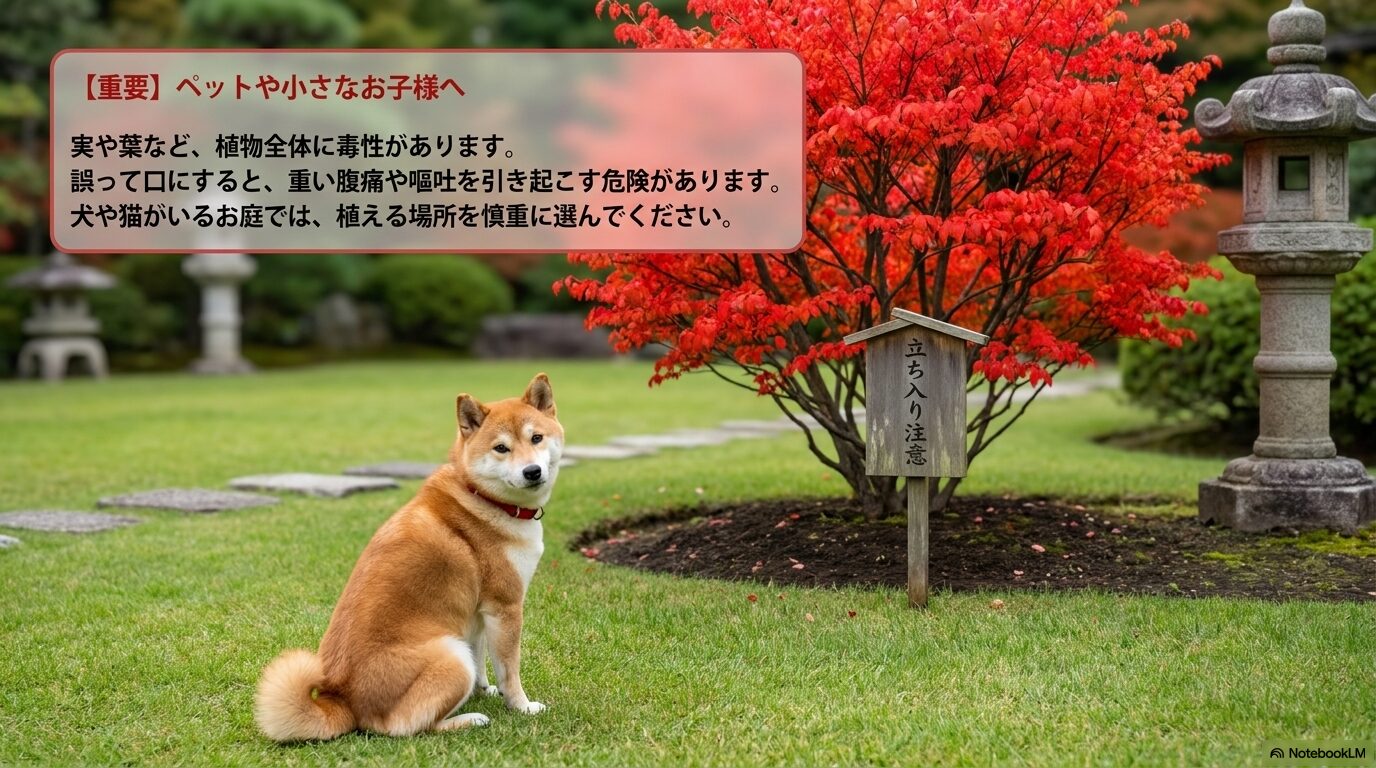 ニシキギの植物全体に毒性があることを犬のシルエットとともに伝える警告表示