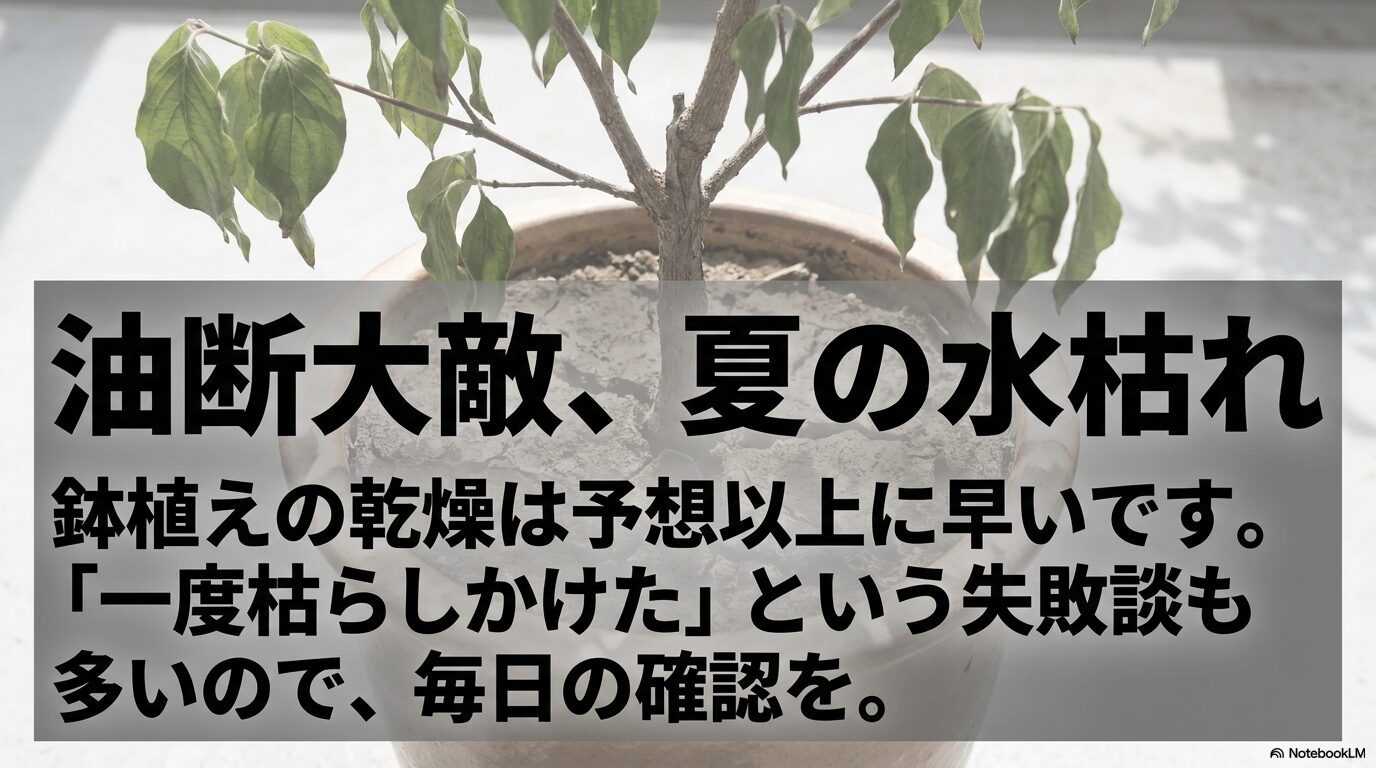 夏場の鉢植えの急激な乾燥による失敗への注意喚起スライド