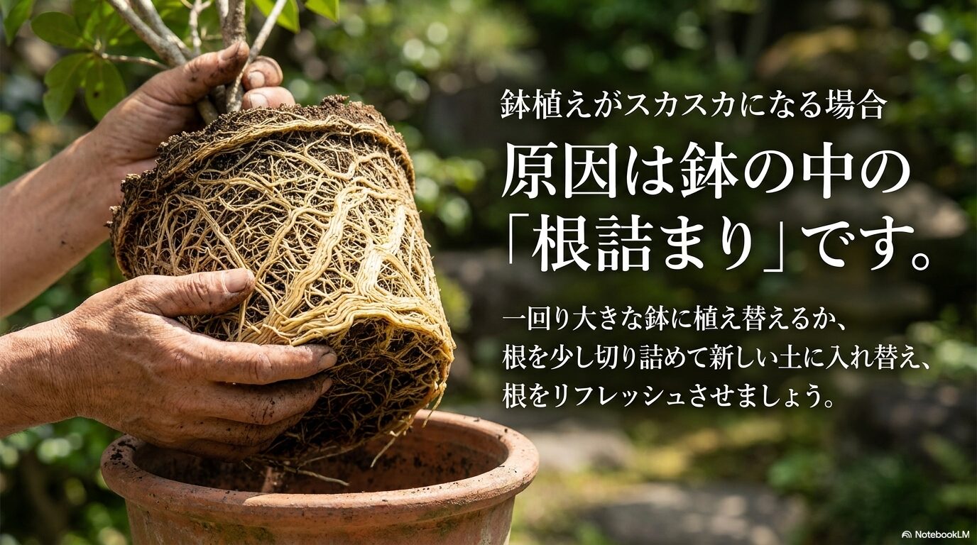 鉢植えがスカスカになる原因である根詰まりを、植え替えやリフレッシュで解決する解説。