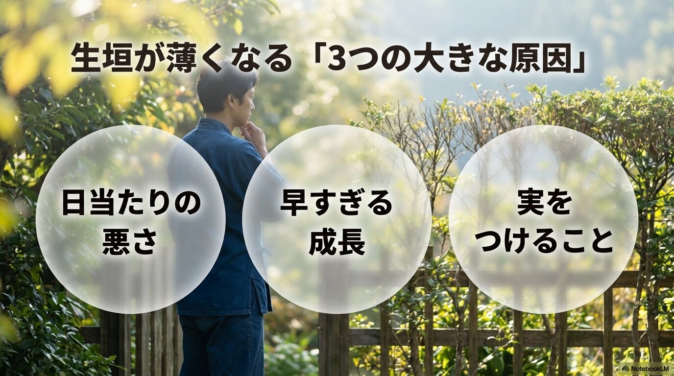日当たりの悪さ、早すぎる成長、実をつけることの3大要因を挙げた解説図。