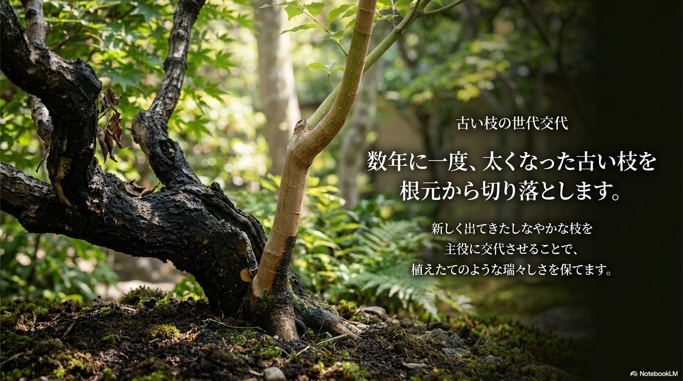 数年に一度、古い太い枝を根元から切り、新しい枝に主役を交代させて瑞々しさを保つ方法。